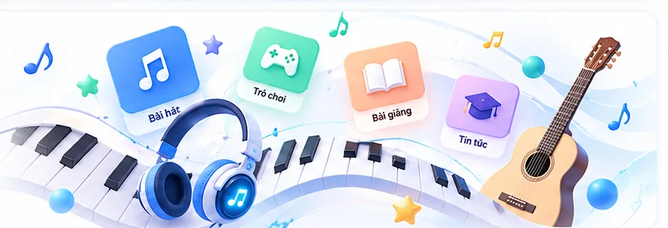 Không gian âm nhạc với đàn piano, guitar và tai nghe